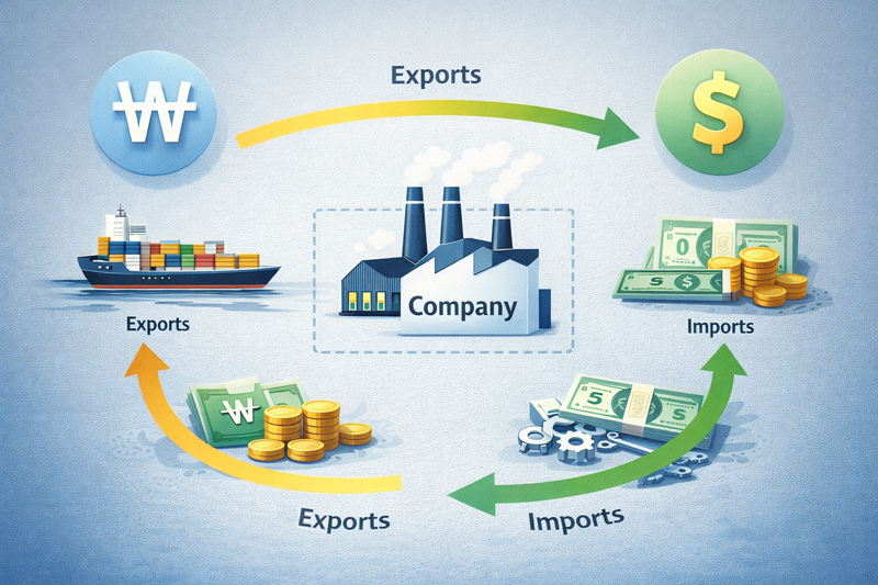 원화와 달러가 오가는 기업 현금 흐름 도식 예시