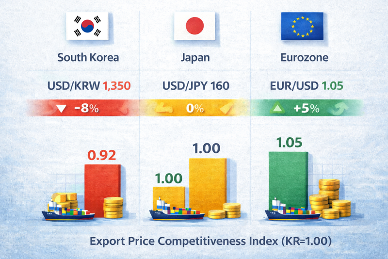 주요 국가 간 환율 수준에 따른 수출 가격 경쟁력 비교 인포그래픽 예시