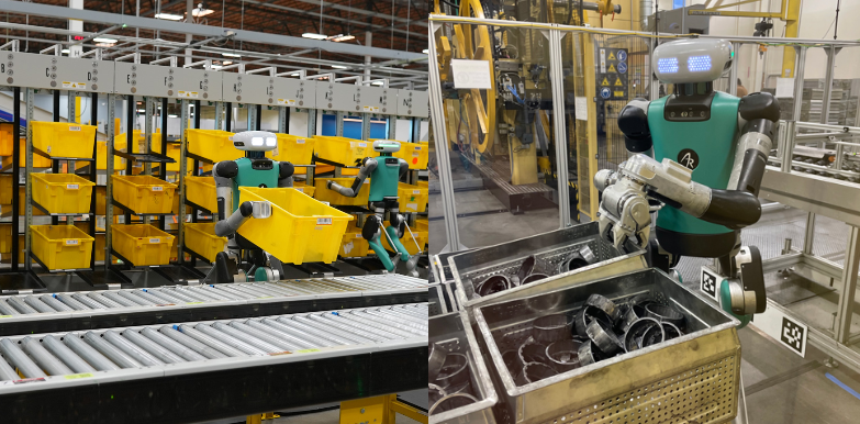 물류센터에서 토트를 옮기는 Digit