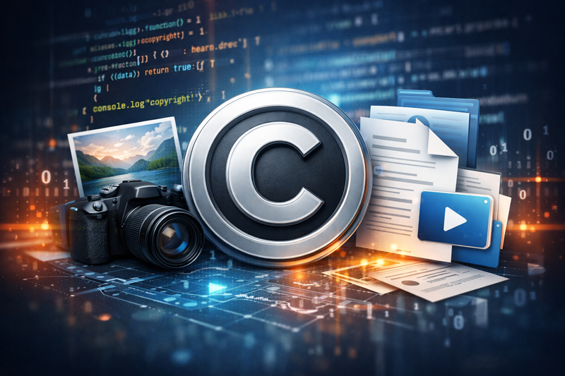 저작권 아이콘과 코드, 이미지, 문서가 함께 있는 콘셉트 이미지
