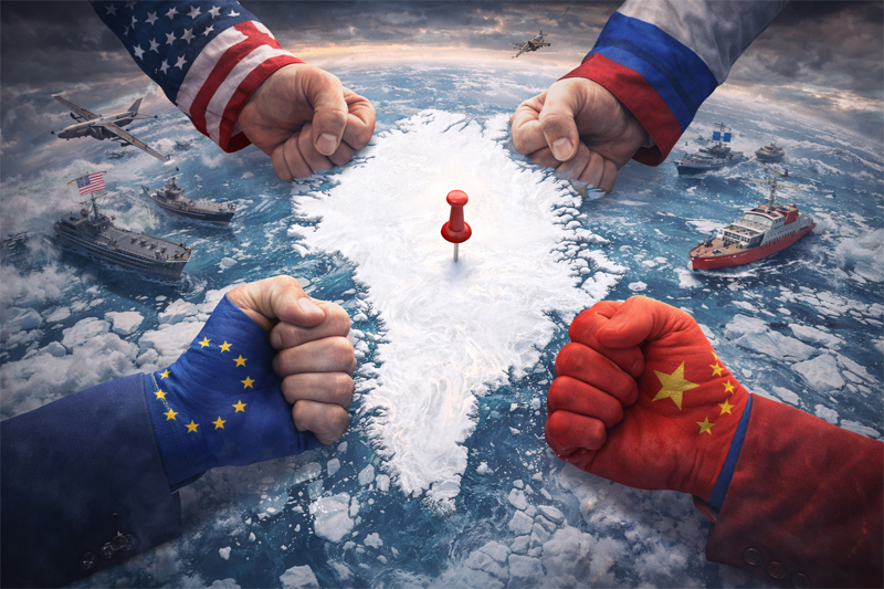 Illustration representing geopolitical power struggle over Greenland among the United States, Russia, China, and the European Union