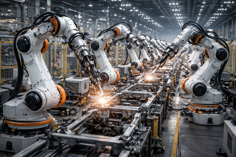 여러 대의 로봇이 있는 생산 라인