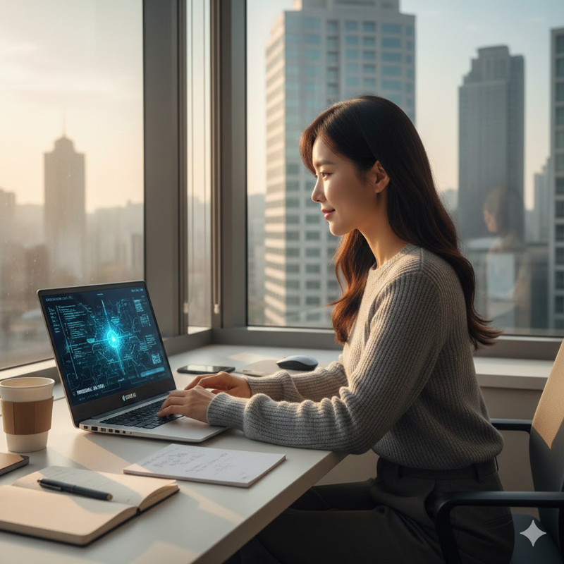 노트북 앞에서 생성형 AI를 사용하는 직장인 이미지