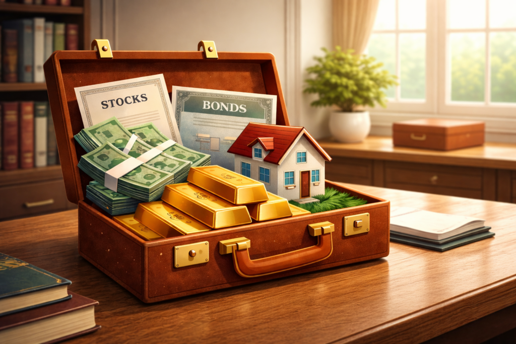 여러 자산이 한 포트폴리오 안에 있는 일러스트