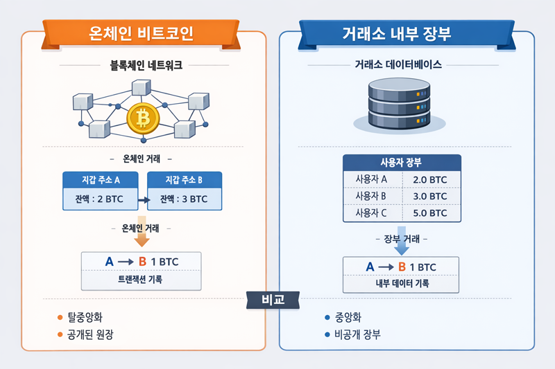 온체인 비트코인과 거래소 내부 장부(데이터베이스) 구조를 비교한 다이어그램 (예시)