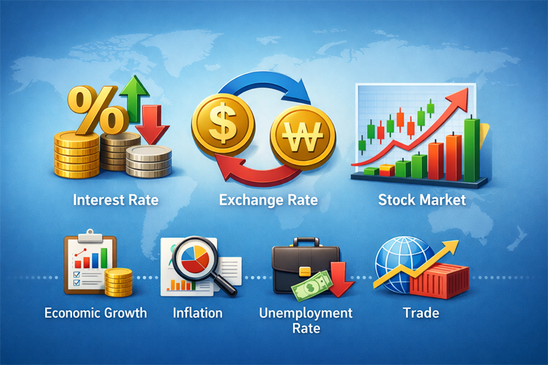 여러 경제지표 아이콘(금리·환율·차트 등)이 나열된 인포그래픽 이미지