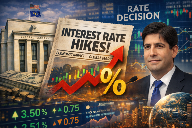 연준, 금리, 경제 뉴스가 뒤섞인 콘셉트 이미지