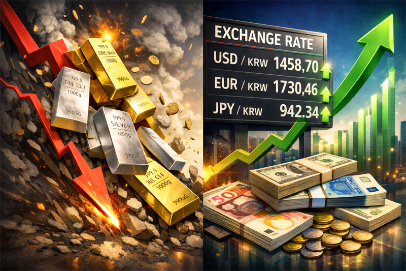 금,은은 하락하고 환율은 상승하는 이미지
