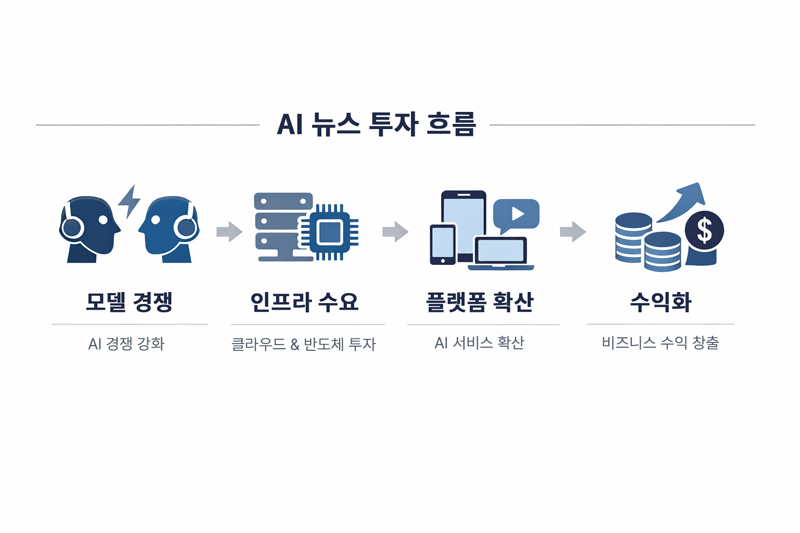 AI 뉴스가 투자와 연결되는 4단계 구조를 보여주는 미니멀 인포그래픽