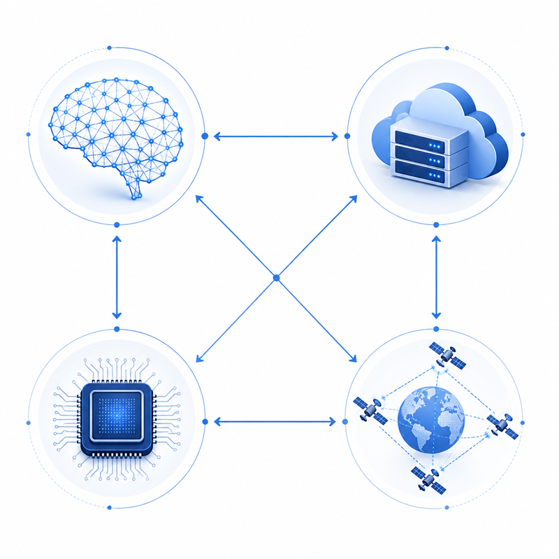 AI 모델, 클라우드, 반도체, 위성 인프라가 연결된 구조도