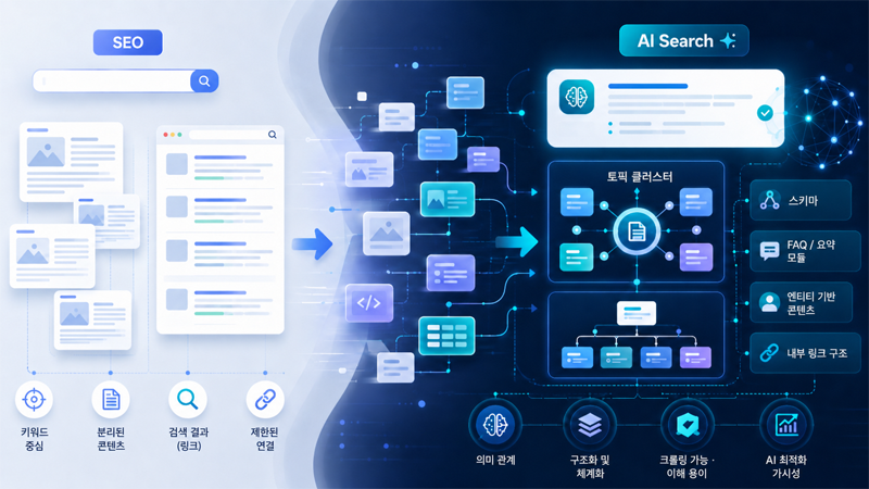 AI 검색 시대에 맞춰 SEO 콘텐츠 구조가 재편되는 모습을 표현한 이미지